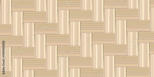Seamless woven wood texture pattern with alternating vertical and horizontal grain panels in natural beige and brown tones. Ideal for flooring, backgrounds, wallpapers, and interior design visuals.