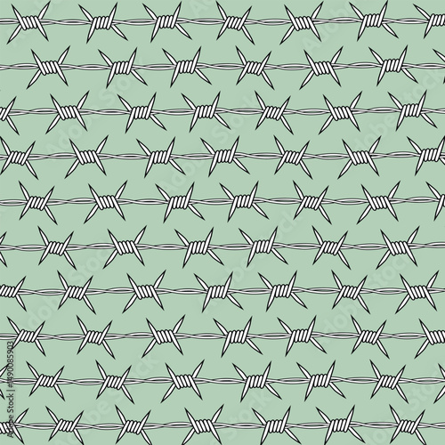A seamless vector pattern featuring black and white barbed wire lines on a muted green background. The linear and repetitive design gives a bold yet minimalist look, ideal for edgy fashion, textiles, 