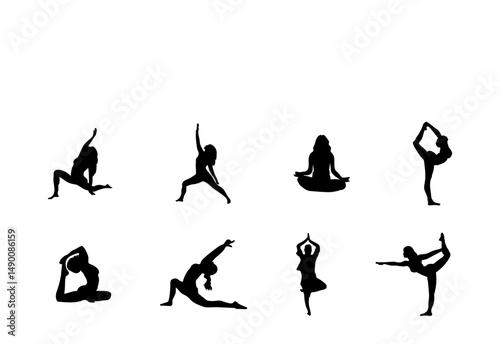 Women practicing Meditation and Yoga vector silhouette set, Girl stretching and relaxing her body in different fitness poses, on white background