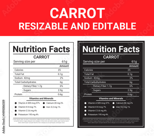 Nutrition facts label for carrot editable and resizable with calorie information and daily values, Glazed carrots Nutrition  Illustration.