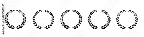 Black silhouette laurel wreath frames PNG,  Round icons for awards, badges, medals, trophies. Decorative foliate circle branches.