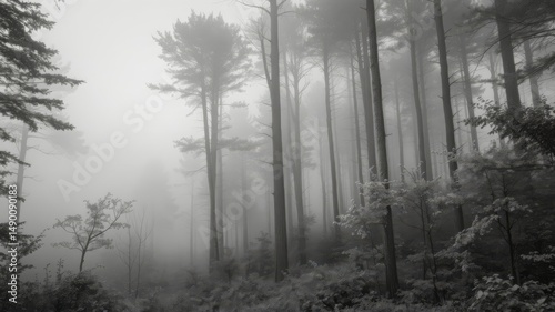 A serene black and white photograph depicts a dense forest shrouded in a thick fog on a misty morning.