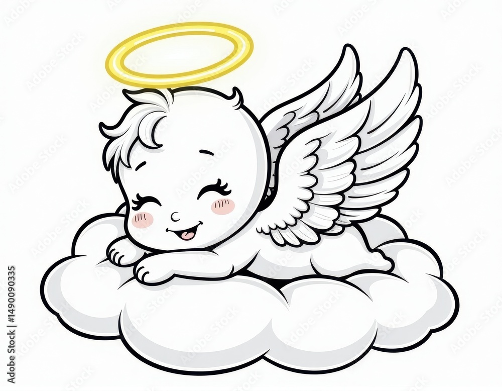 Fototapeta premium Cute Baby Angel with Halo on Cloud - Cartoon Illustration