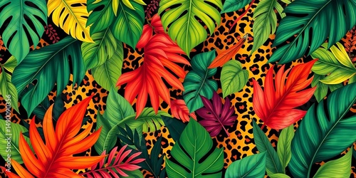 Fototapeta Naklejka Na Ścianę i Meble -  Modern exotic jungle foliage & leopard print seamless pattern collage , wild, leaves