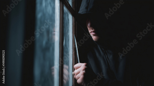 Burglary, burglary and break-in for home crimes, home invasion or property invasion, security breach and risk to the owner's safety, by a man wearing black clothing covering his body.