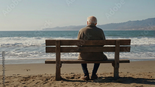 An elderly man with a serene expression sits on a simple wooden bench by the shore, watching the waves