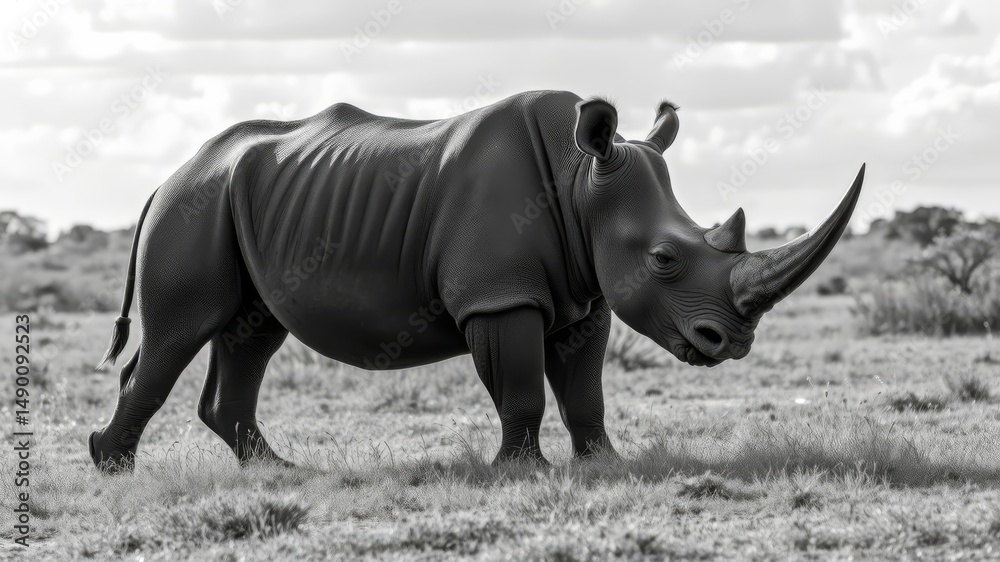 Fototapeta premium A majestic white rhinoceros grazes peacefully in the African savanna under a dramatic cloudy sky in black and white.
