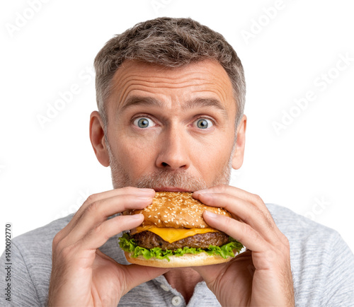 Man eating cheeseburger isolated on transparent background.