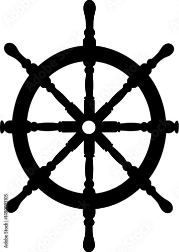 A black and white steering wheel, centrally located in the image. The wheel has eight spokes, each with a distinctive knob-like detail.  The design is simple,  and solid black, with no shading or text
