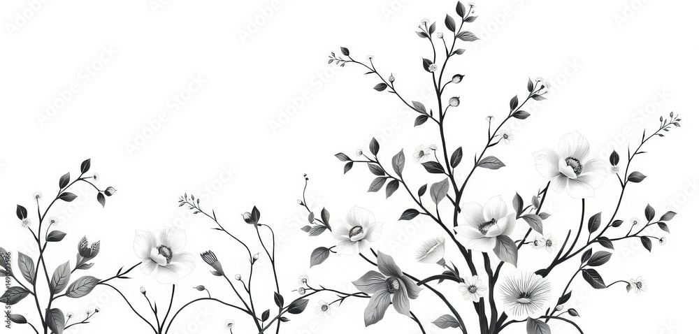 Fototapeta premium Elegant monochrome chinoiserie floral wallpaper, featuring delicate hand-drawn motifs and ample negative space, graphics, surface pattern