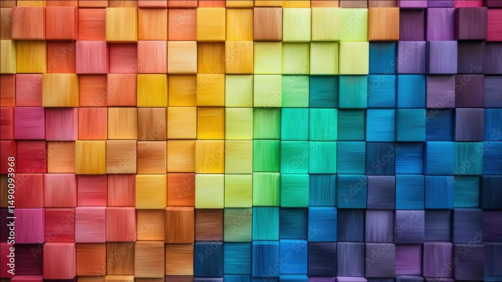 A colorful wall made of blocks with a rainbow pattern. The blocks are of different colors and sizes, creating a vibrant and lively atmosphere. The wall seems to be a work of art