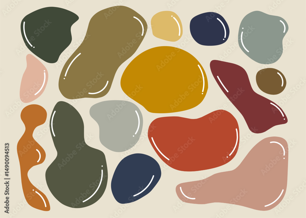 Fototapeta premium Abstract organic blob shapes in warm earthy tones with glossy highlights. Ideal for trendy backgrounds, modern branding, packaging, posters, and minimalist graphic design.