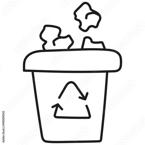 nature conservation concept. Recycling bin with crumpled paper waste inside.hand drawn doodle line style