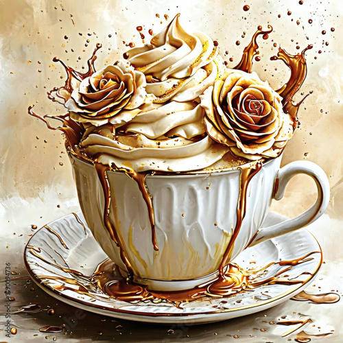Hyper-Realistic Coffee Cup with Whipped Cream, Caramel Splash and Floral Art