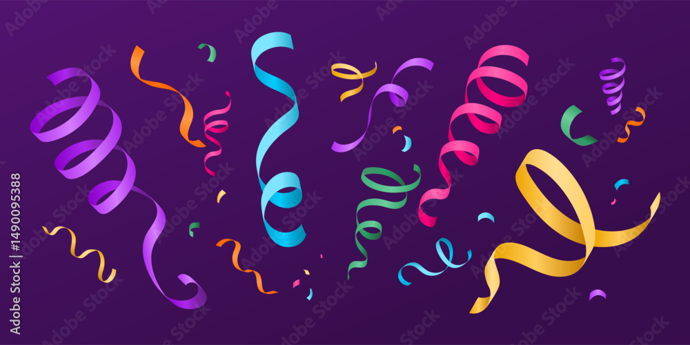 Fototapeta premium Confetti celebration vector background with colorful gradient serpentine ribbons. Anniversary, carnival, birthday illustration in cartoon simple style with paper streamers. Festive isolated design.