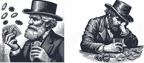 Vintage Engraving of a Gambler Holding a Losing Hand Beside a Glass – Classic Woodcut Style Illustration  , Emotion, and Chance in Gambling Scene