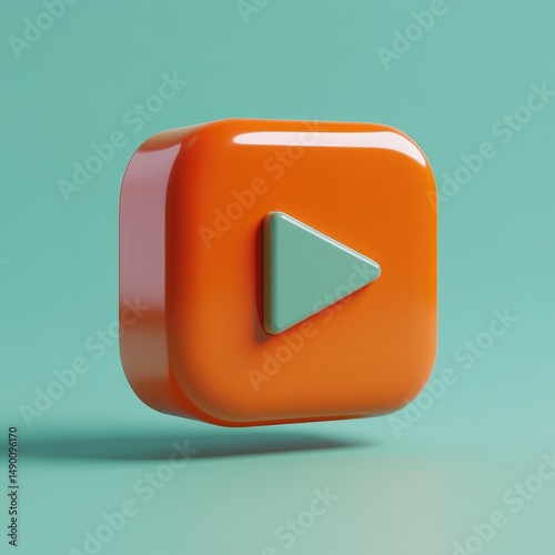 3d rendered orange play button on a mint backdrop.