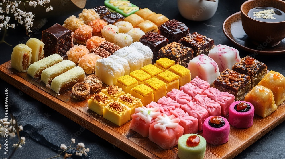 Fototapeta premium Delicious variety of colorful asian pastries and sweets food life cakes tasty baked sugar candy plate