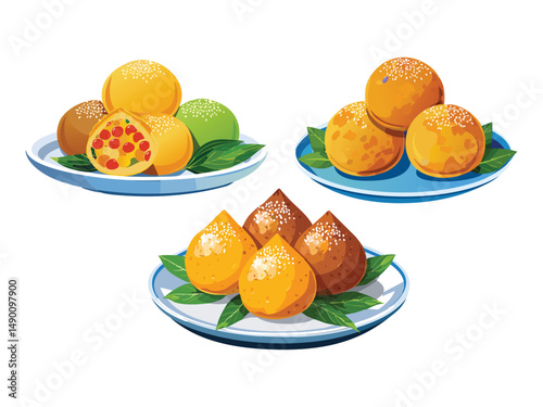 vector illustration of a vietnamese food Bánh Cam (Deep-Fried Glutinous Rice Balls with Sweet Filling)