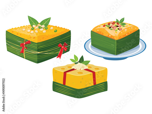 vector illustration of a vietnamese food Bánh Chưng (Square Sticky Rice Cake Filled with Pork and Mung Beans, for Lunar New Year)