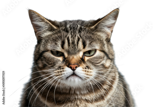 Grumpy tabby cat with irritated expression isolated on white background