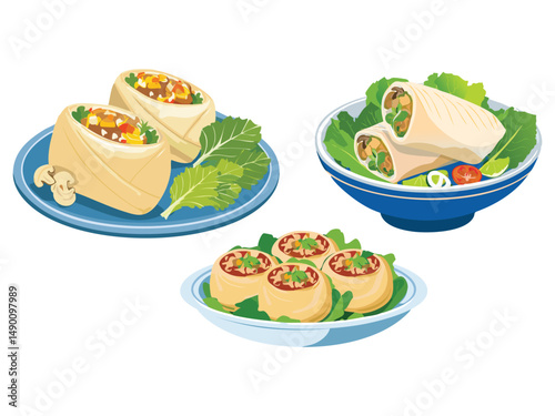 vector illustration of a vietnamese food Bánh Cuốn (Steamed Rice Rolls Filled with Minced Pork and Mushrooms)