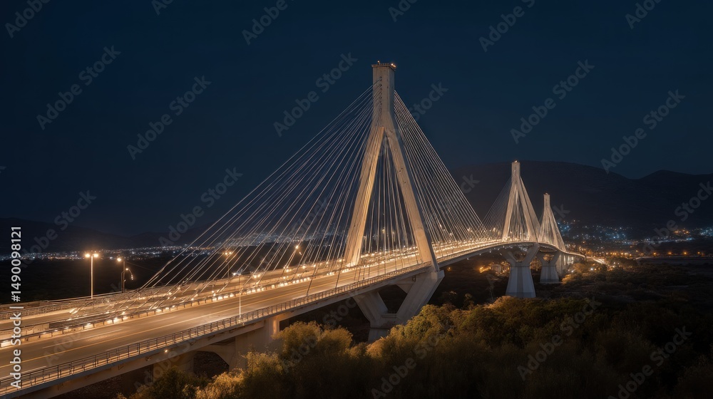 Naklejka premium A bridge with a light on it is lit up at night