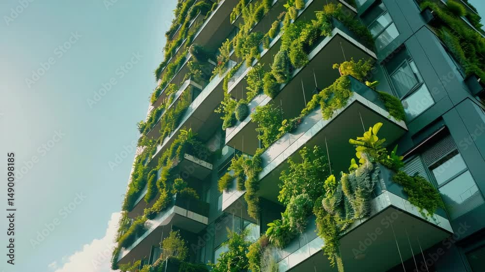 A building with a lot of greenery on it. The building is tall and has a lot of plants growing on it