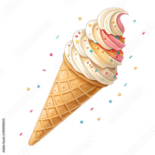 Colorful ice cream cone with soft texture, PNG, isolated on transparent background .
