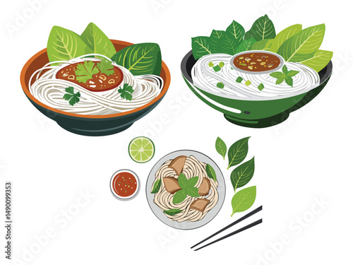 vector illustration of a vietnamese food Bún Thịt Nướng (Grilled Pork Noodles with Fresh Herbs and Fish Sauce)