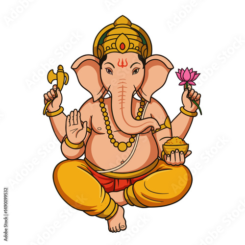 Multiple representations of Ganesha sitting cross-legged, holding symbolic items like modaks, lotuses, and weapons.