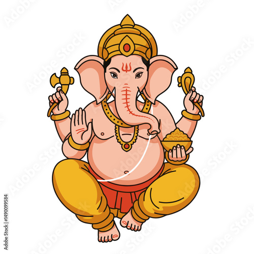 Multiple representations of Ganesha sitting cross-legged, holding symbolic items like modaks, lotuses, and weapons.