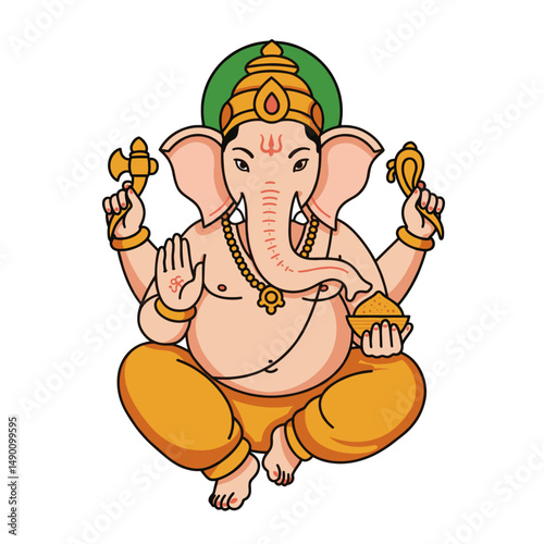 Multiple representations of Ganesha sitting cross-legged, holding symbolic items like modaks, lotuses, and weapons.