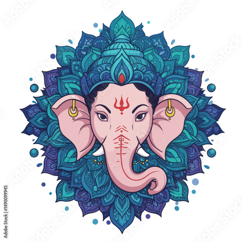 Multiple representations of Ganesha sitting cross-legged, holding symbolic items like modaks, lotuses, and weapons.