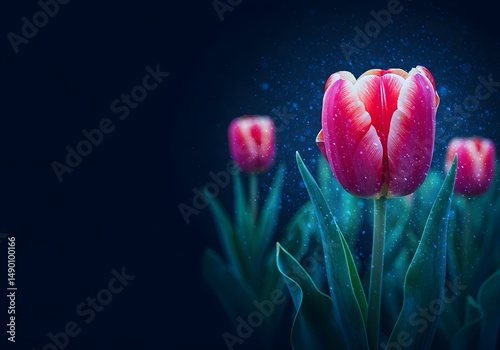 A close-up shot of vibrant pink tulips, glowing mysteriously against a dark background. Dew drops accentuate the petals.