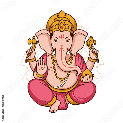 Multiple representations of Ganesha sitting cross-legged, holding symbolic items like modaks, lotuses, and weapons.