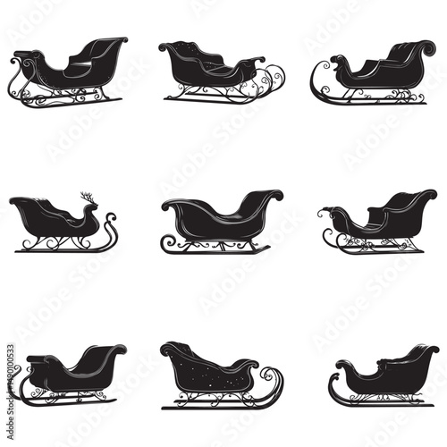Santa’s Sleigh Silhouette, Festive Illustration, Santa Claus sleigh vector silhouette