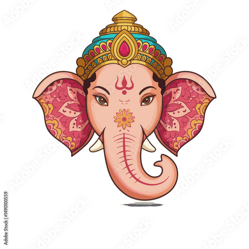 Multiple representations of Ganesha sitting cross-legged, holding symbolic items like modaks, lotuses, and weapons.