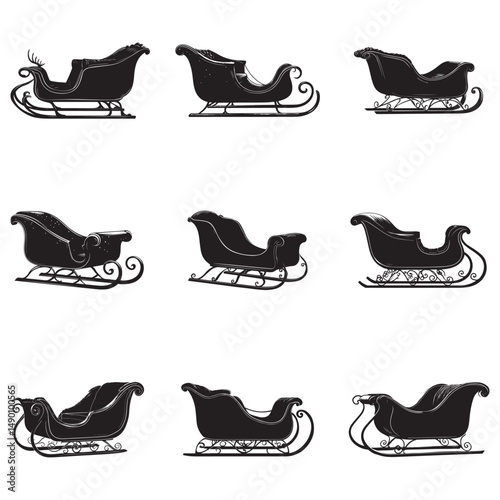 Santa’s Sleigh Silhouette, Festive Illustration, Santa Claus sleigh vector silhouette