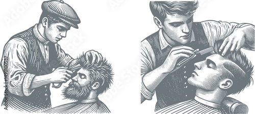 Vintage Engraving Design – A Barber Pausing While Trimming | Antique-Style Woodcut Illustration for Retro Art, Prints, and Design Projects