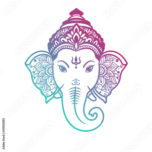Multiple representations of Ganesha sitting cross-legged, holding symbolic items like modaks, lotuses, and weapons.