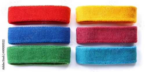 A vibrant collection of six colorful sweatbands, arranged in a grid pattern, showcasing a range of hues ideal for athletic activities or casual wear.