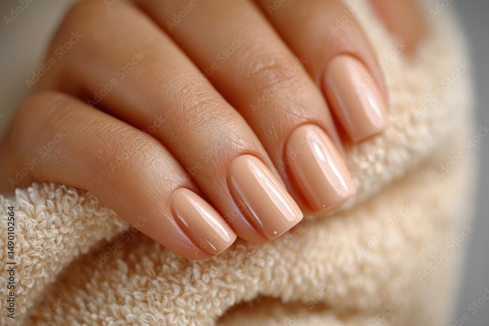 Naklejka premium Close-up of a woman's hand with a fresh manicure and beige color nails, resting on a soft, textured beige towel, showcasing elegance and modern beauty.