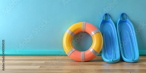 Summertime Fun Colorful Life Preserver and Swim Fins Resting Against a Light Blue Wall