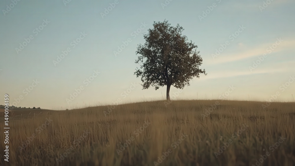 Obraz premium Solitary Tree Silhouetted Against Warm Evening Glow on Grassy Field Under Clear Sky