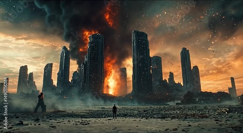Apocalyptic landscape with towering ruins, fiery sky, and lone figure amidst destruction