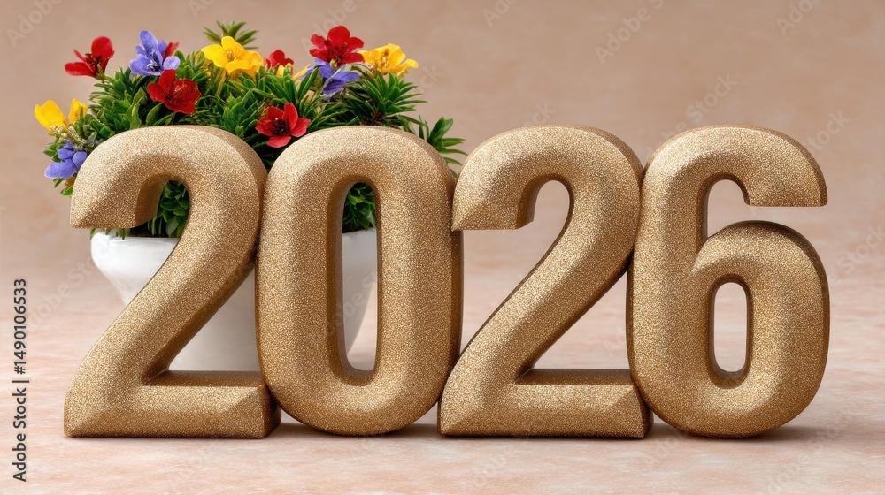 Obraz premium Sparkling Gold 2026 New Year's Numbers with Blooming Flowers in Pot