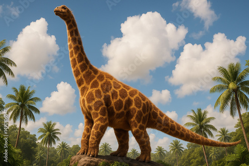 Photorealistic Feathered Brachiosaurus with Giraffe Pattern in Tropical Forest – Prehistoric Concept Art