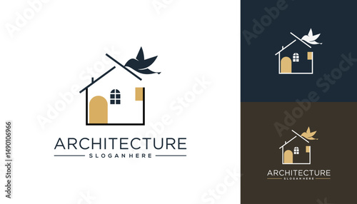 House building vector logo design inspiration assembled by birds. Building and architecture logo template.