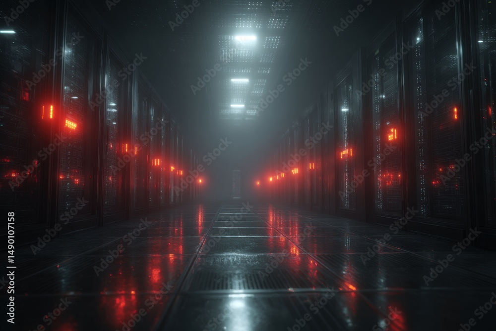 Long server room corridor with many server racks, glowing red lights and perspective, digital infrastructure, data center facility, cybersecurity and modern technology, computing. Long server room corridor with many server racks, glowing red lights and perspective, digital infrastructure, data center facility, cybersecurity and modern technology, computing.